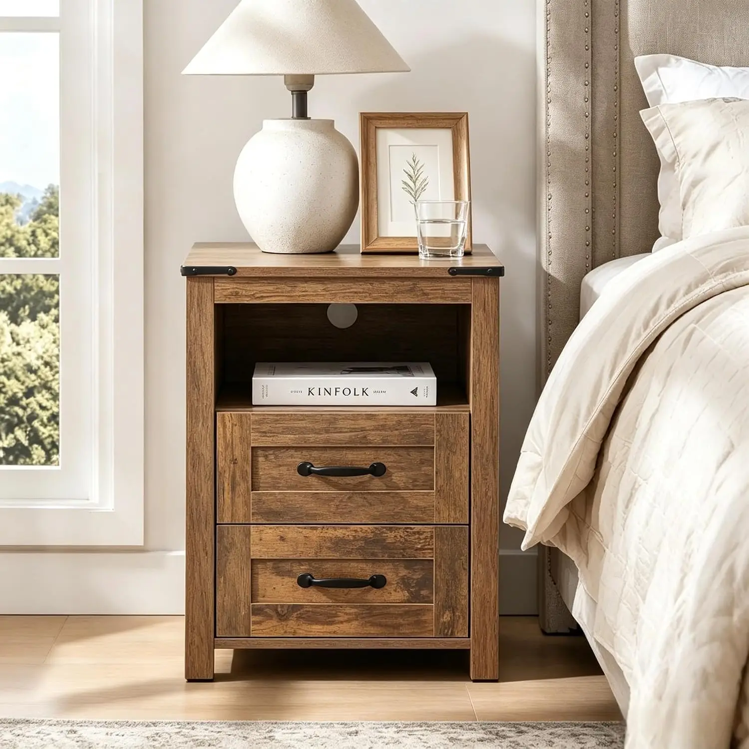 Farmhouse Lift Top Coffee Table & End Table Set Charging Station 2 Drawer Storage Wood Living Room Furniture Brown, Customized