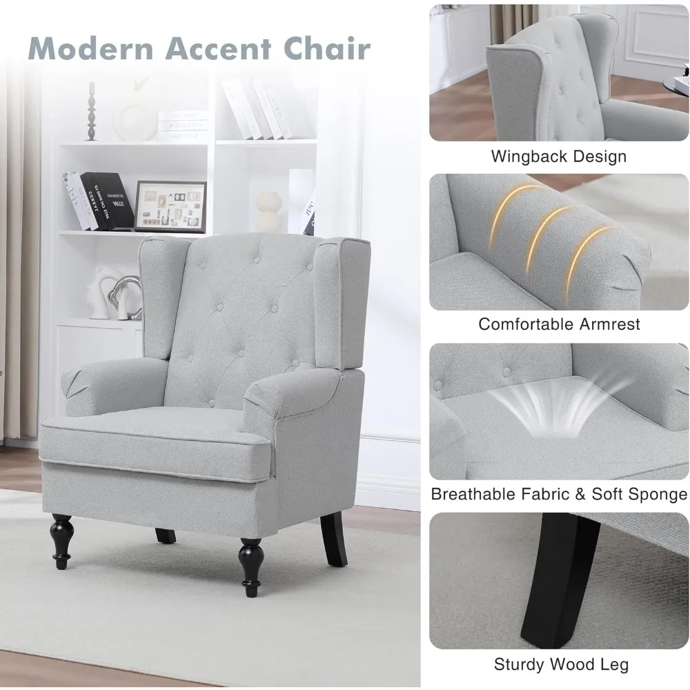 كرسي بذراعين عصري من منتصف القرن لغرفة المعيشة - كرسي منجد عالي الظهر بتصميم معنقدة وأرجل من الخشب الصلب