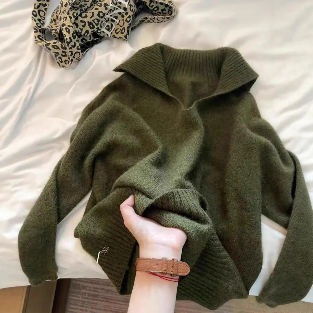 

Sweet Original Recommendation! Dark Green Turn-Down Collar Sweater For Women, Autumn And Winter Warm Versatile Lazy Knitted