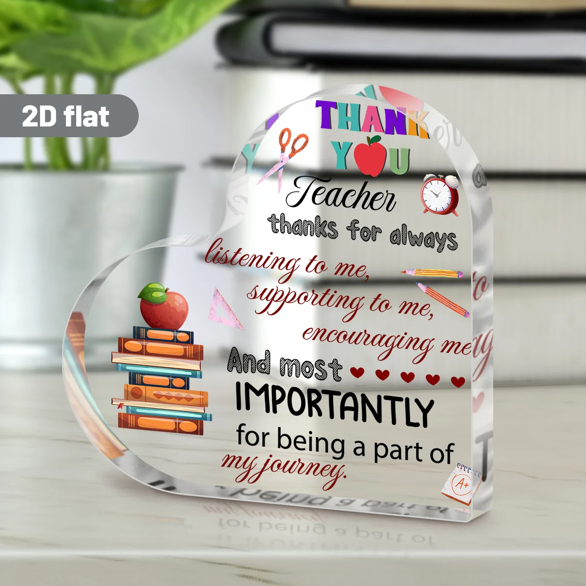 2D Flat, 1pc Teacher Appreciation Gift - Heart-Shaped Acrylic Plaque & Paperweight with Thank You Message, /Book/Pencil Decor