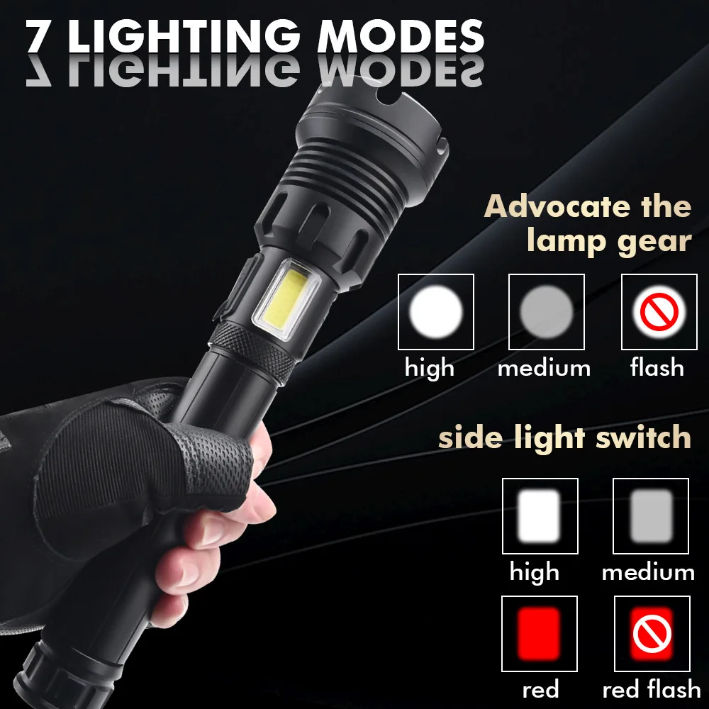 USB Charging LED Flashlights High Lumens, Red &White Light, Emergency Light, Power Display, Bright Flashlight with Zoomable Beam