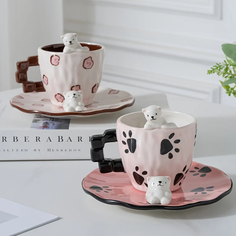 1 Pcs New 3D Polar Bear Ceramic Coffee Glass And Saucer Set With Ice Cube Handle Cute Christmas Gifts For Children Dropshipping view 3