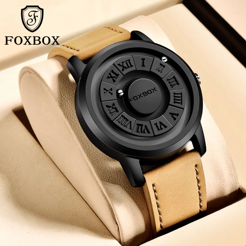 

FOXBOX Creative Man Watches Leather Strap TOP Band Scrolling Beads Quartz Watch for Men Magnetic Force Waterproof Clock LIGE