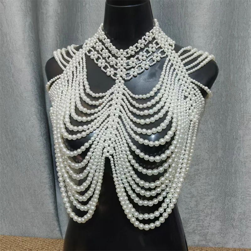 Damen-Top, mehrschichtige Perlen-Körperkette, handgewebter Schal, Harness, Braut- und Abendkleid-Accessoire, Party-Top, Damenbekleidung – Detail 7