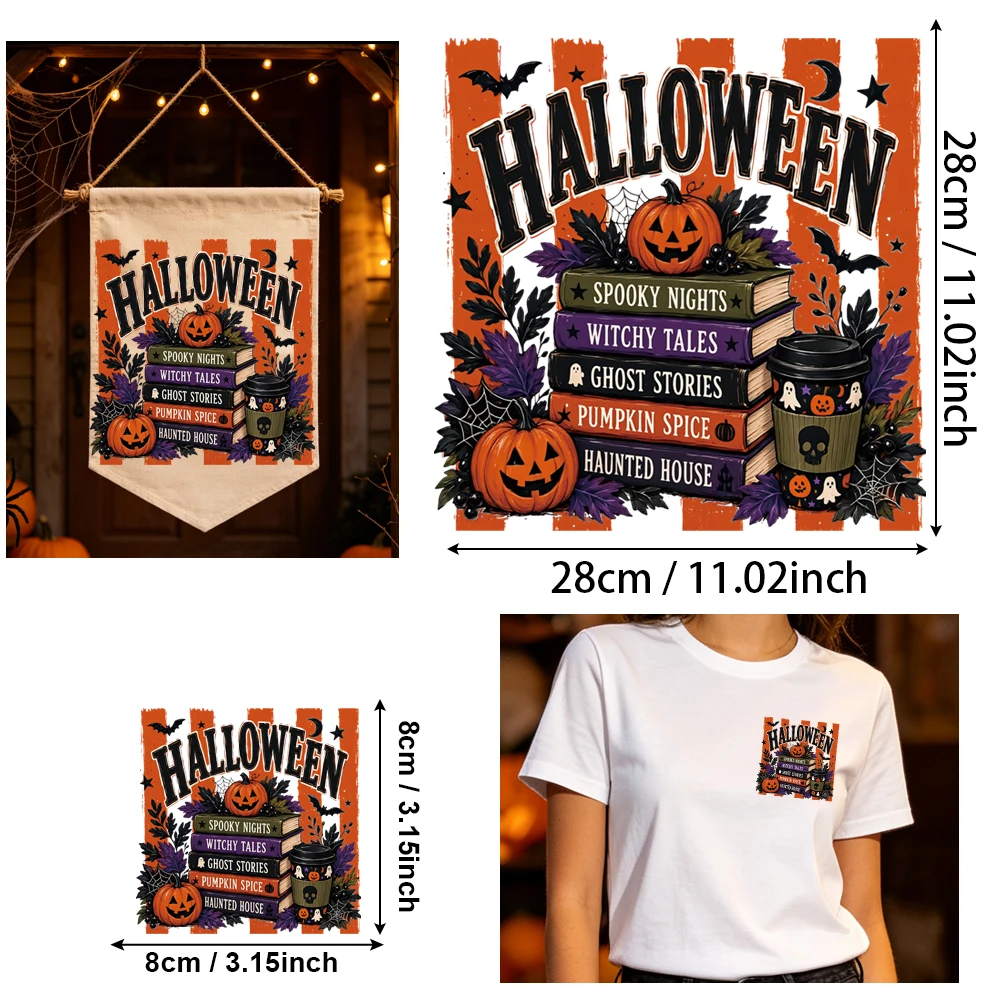 2Pcs Halloween HTV Iron On, 1 Large 1 Small Vinyl Transfers, Easy Apply, DIY Clothing & Home Festival Decor