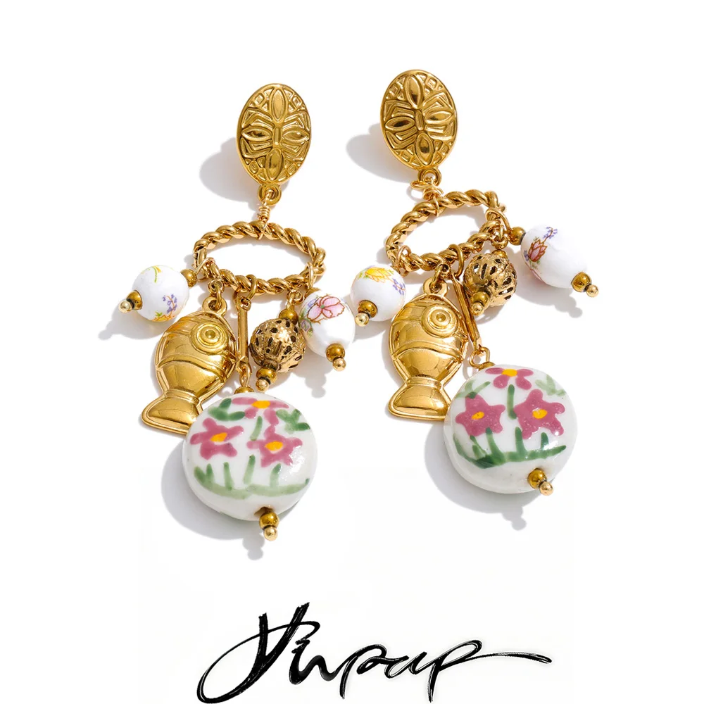 Yhpup France Stainless Steel Ceramic Flower Fish Drop Charm Earrings Trendy Design New Arrivals 2026 Popular Charm Jewelry Gift