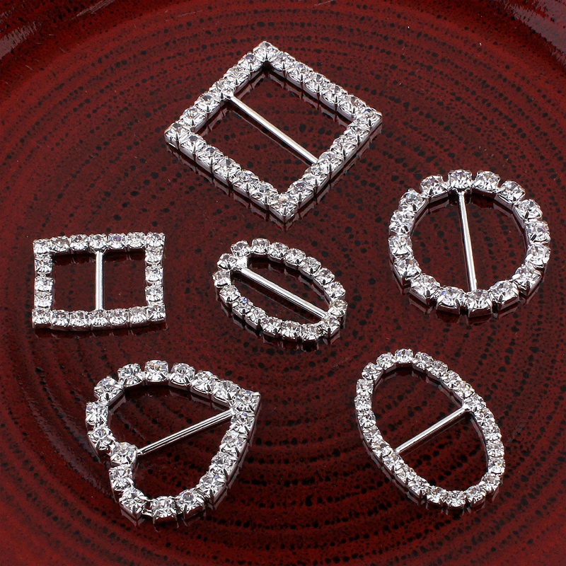 10pcs/lot 6Design Bling Metal Rhinestone Buckle Sliders For Clothes Clear Crystal Ribbon Buckles For Wedding Invitation Crafts