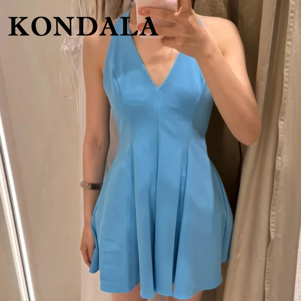 KONDALA Chic Solido Sexy Pieghettato Donna Cami Dress Moda 2025 Estate Halter Backless A-Line Dress Night Party Beach Y2K Abiti