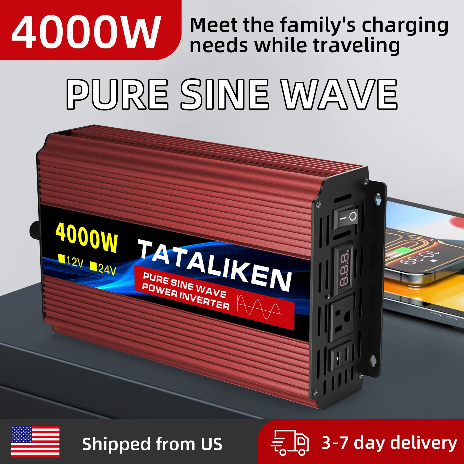 4000W Pure Sine Wave Power Inverter, 12V to 110V 60Hz US Socket with Voltage Display & Auto-Cooling Fan, Power for Laptop Monitor WiFi Router in Van