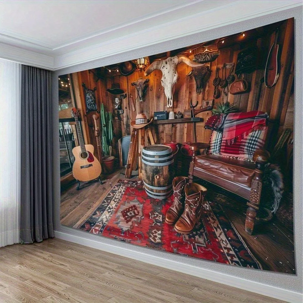 1pc Western-style wooden house peach skin polyester tapestry living room bedroom  home decor School Start Season Dormitory Gifts