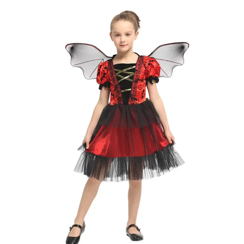 Halloween Vampir Kostüm Deluxe Karneval Party schwarz Trail ing Mesh Kleid Kinder Cosplay Dämon für Mädchen Jungen Kleidung Anzug