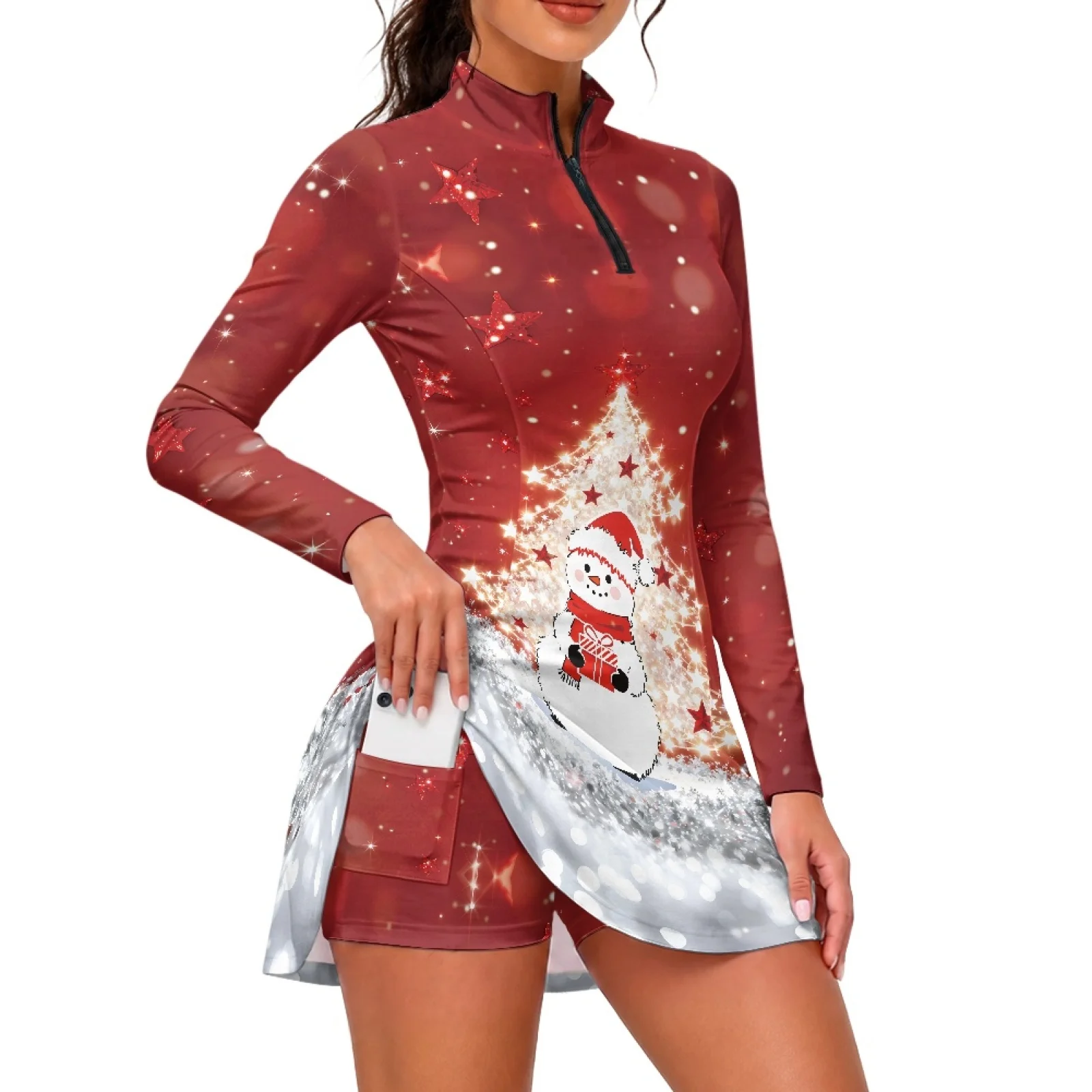 PENSTROLL Snowman Tree Romper Dress Long Sleeve Tennis Dress 2 Pieces Sportswear for Golf Exercise