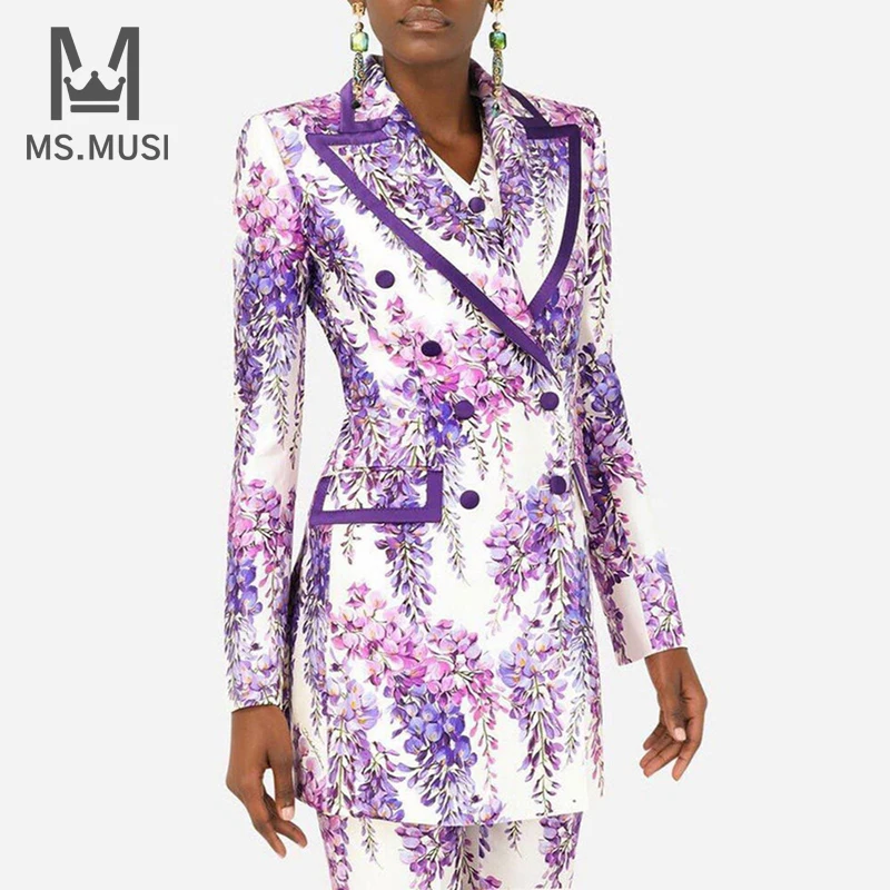 MSMUSI 2023 New Fashion Women Lady Floral Printing Two Piece Set Turn Down Collar Double Breasted Blazer Top Long Pant Set Suit