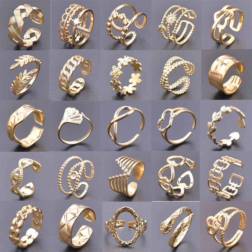 Fashion Gold Plated Stainless Steel Rings 6pcs/lot Flowers Stars Leaf Love Snake Shaped Abstract Rings Women Jewelry Wholesale