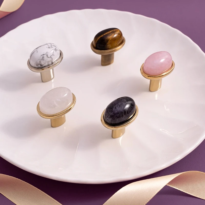 Solid Brass Handles Bedroom Wardrobe Dresser Drawer Knob Colorful Handle Natural Stone Crystal Kitchen Cabinet Handle