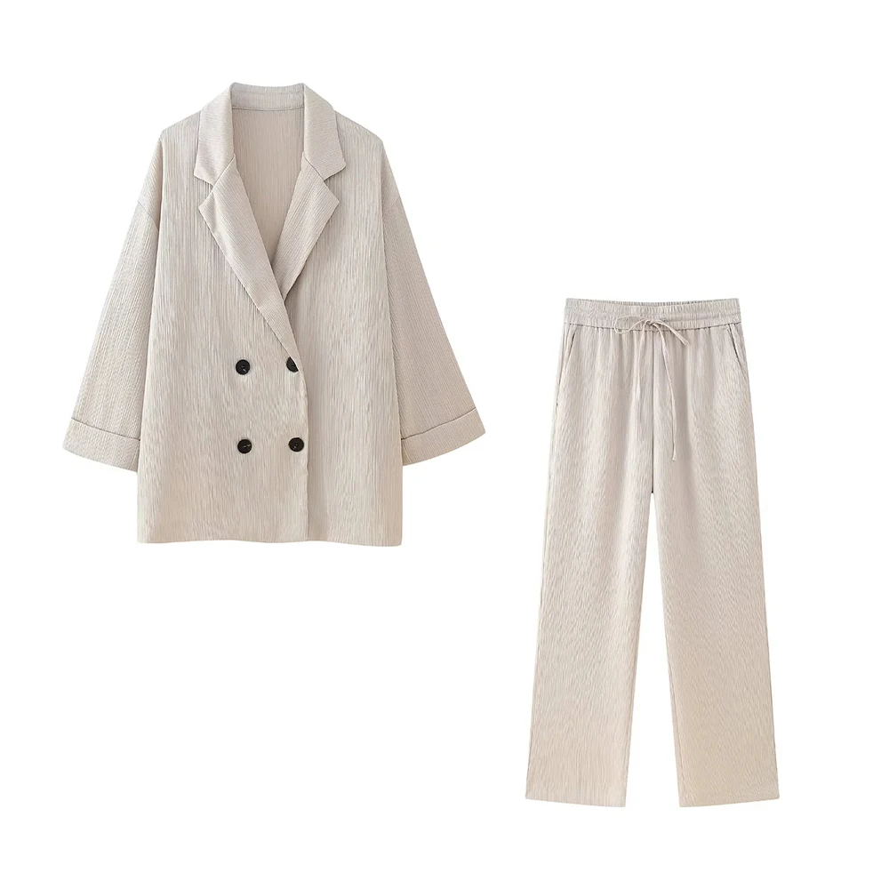 Losse blazerjas met dubbele rij knopen en broek met hoge elastische taille en wijde pijpen, vrouwelijke tweedelige sets, mode