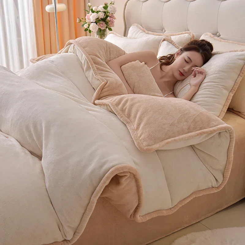 Simple wind milk fleece four-piece set thickened coral fleece solid color bed sheet quilt cover single piece fleece winter - view 2