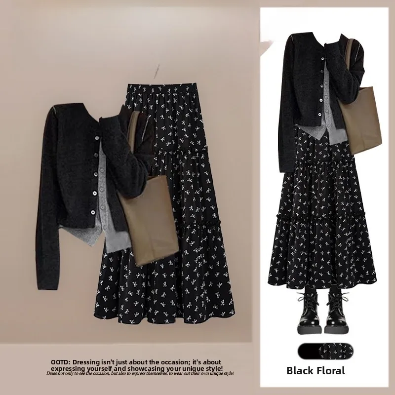 

Korean Style Spring Set Women's Knitted Top with High Waist Slimming Floral Skirt Two-Piece Suit Casual Wear for Adults