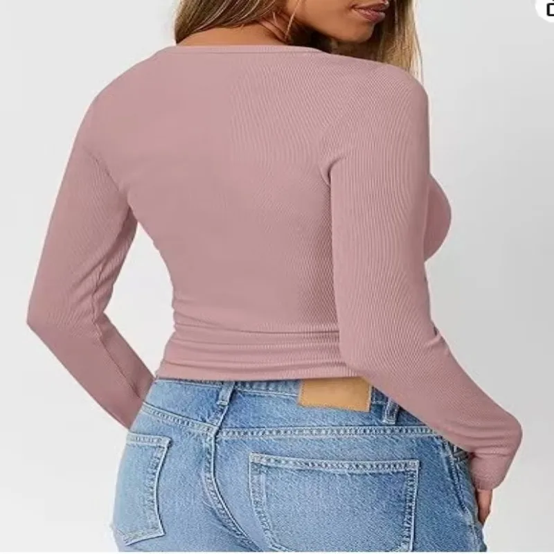 Frauen Herbst Frühling Top O Neck Button Langarm Shirts Einfarbig Slim Fit Pullover T-shirt Bluse Einfache Stil Dame Kostüm – Detail 11
