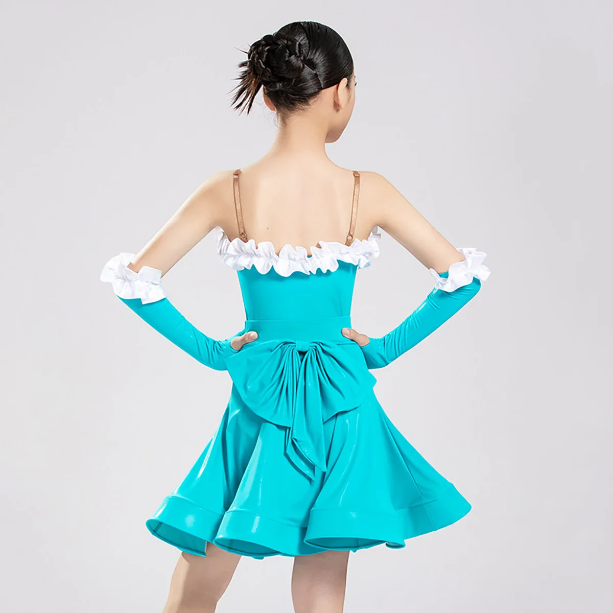 Children Latex Latin Dance Dress for Girls Competition Professional Practice Bodysuit and Large Skirt Standard Dancewear Costume