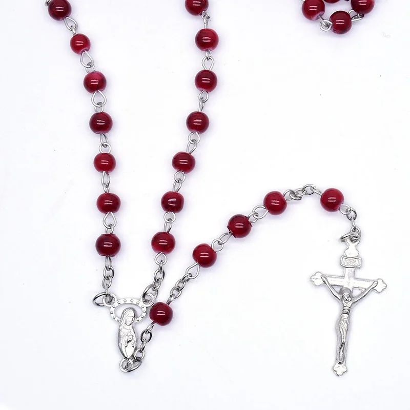 6mm Vintage Red Color Beaded Cross Pendant Necklace Women Men Geometric Pendant Rosary Cross Necklace Catholic Religious Jewelry