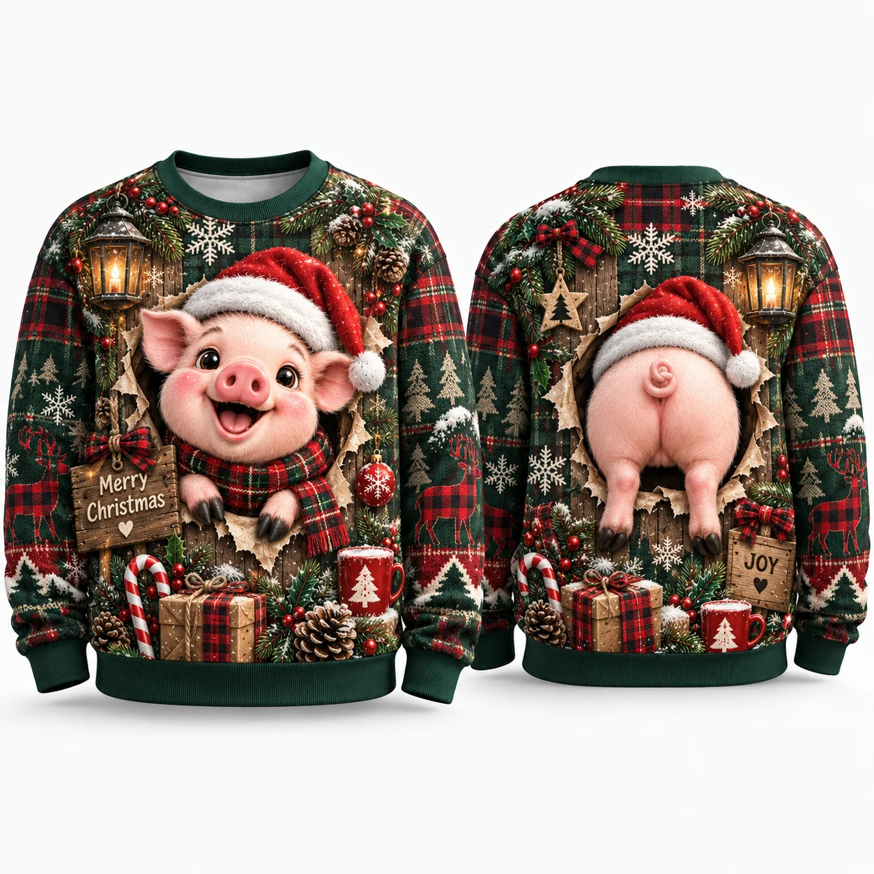 Cute Pig Ugly Christmas Sweater For Adults, Blue Snowy Holiday Sweaters With Santa Hat And Winter Village Design