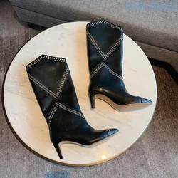 Suede Leather Rivet Women's Boots Sexy Fashion 2024 Autumn and Winter Solid New Pointed Punk Stiletto Heel Knee High Shoes