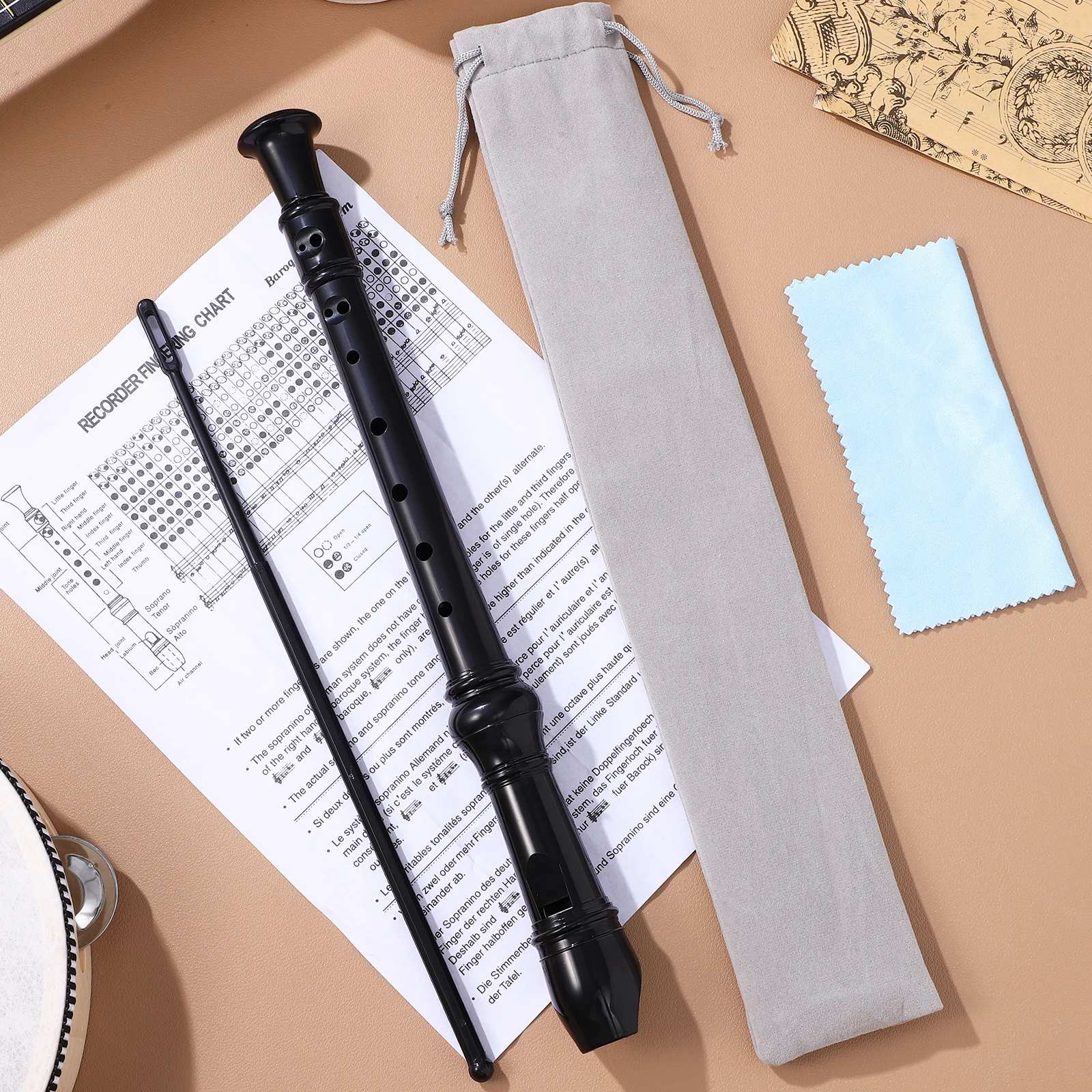 

8 Hole Recorder Set Black Flute Cleaning Rod Cloth English Sheet Music Flannel Bag Musical Instruments For Teens Soprano Flute