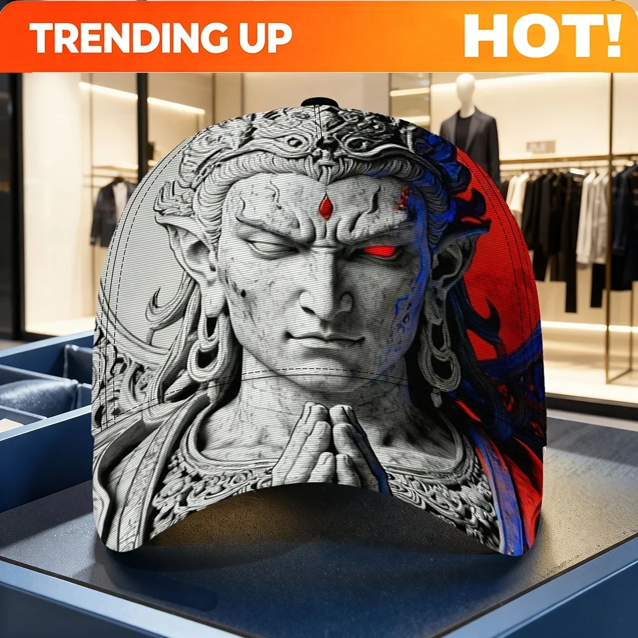 Custom Hats This Fresh Unisex Baseball Cap Showcases A Detailed, Statue-Inspired Figure (With A Glowing Red Eye, Complex