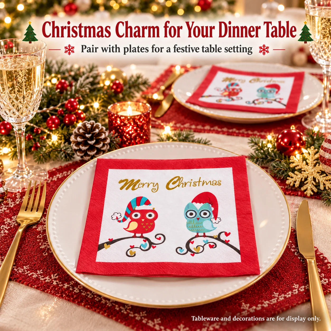 20pcs Christmas Owl Paper Napkins 2-Ply 33x33cm Merry Christmas Print for Holiday Dinner Party Table Decoration