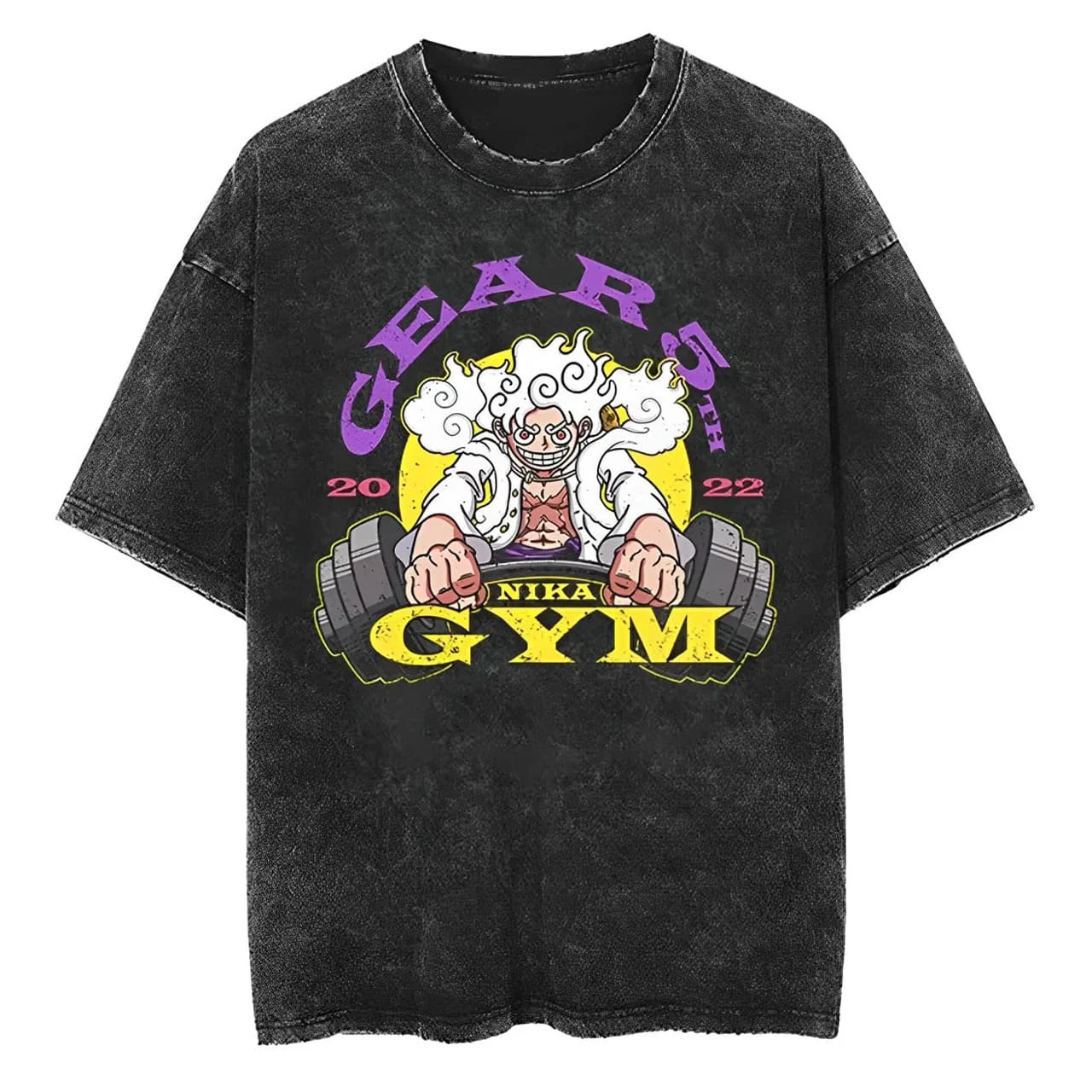 Luffy Gear 5 T-Shirt für Herren Acid Wash Anime One Piece Nika Fitness Gewichtheben Grafik Baumwolle Vintage Sportbekleidung Training Pump Tee