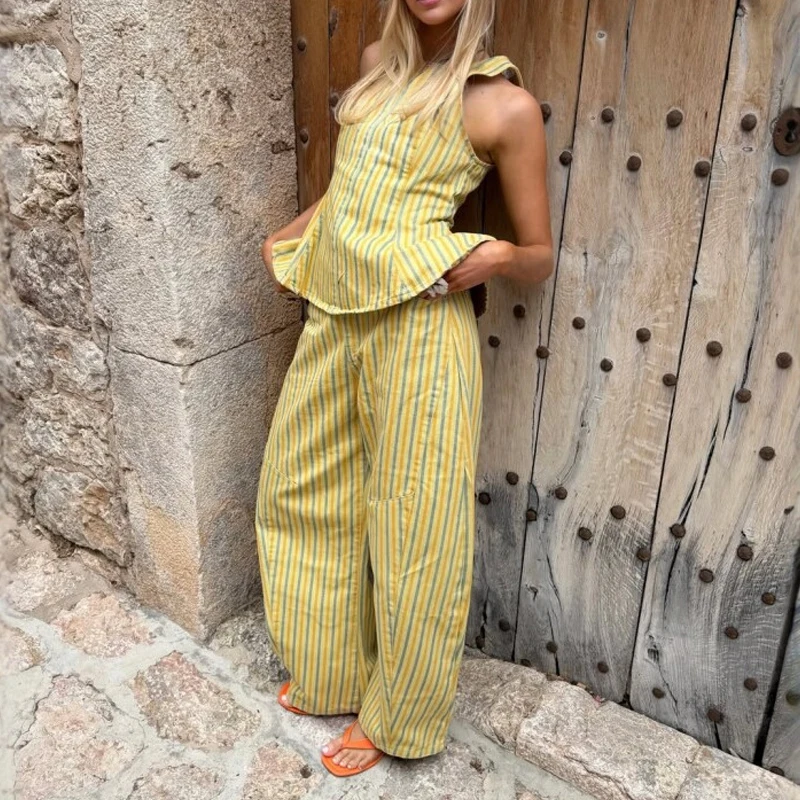 Women Elegant Striped Print 2 Piece Outfit Sexy Sleeveless Peplum Top And Wide Leg Pant Set Summer Casual Matching Suit Harajuku