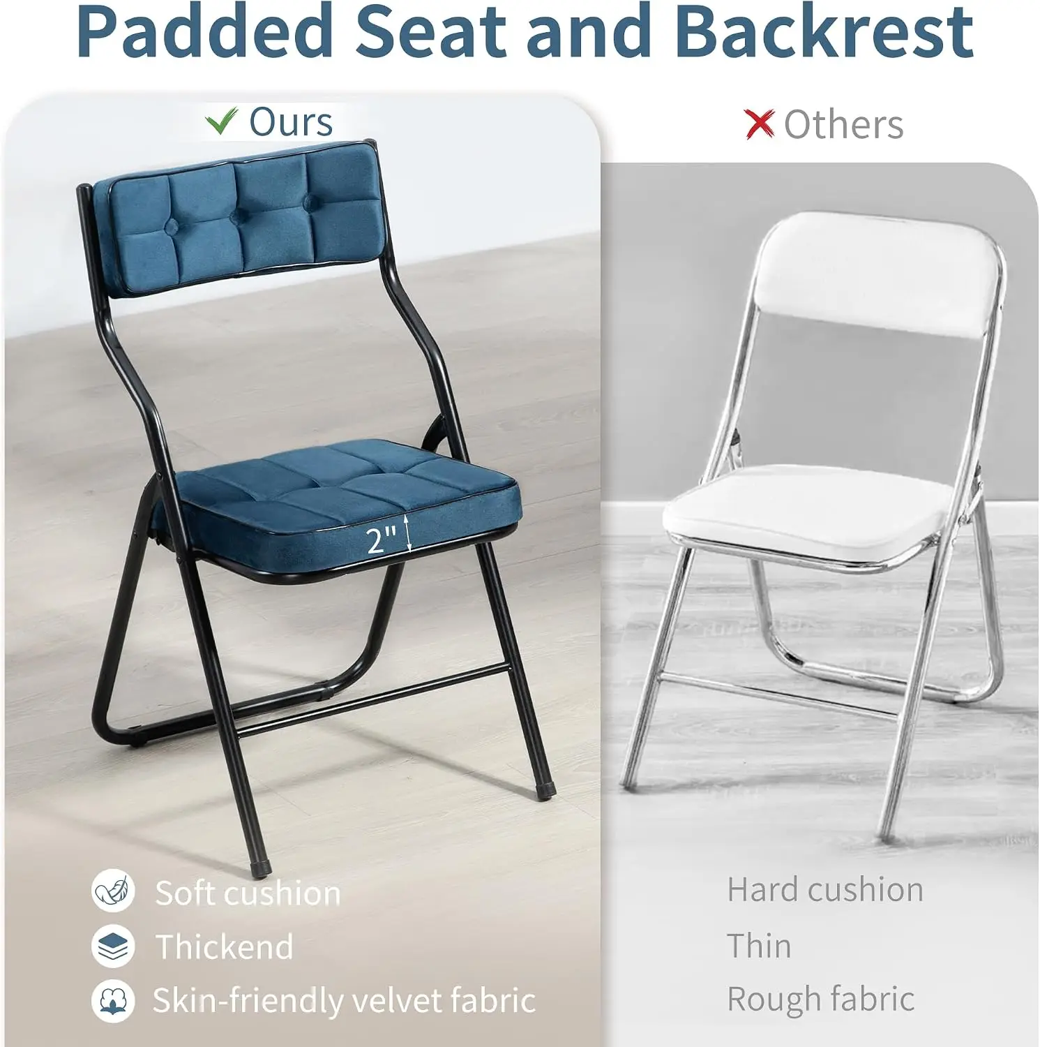 Padded Folding Chairs 4 Pack With Cushioned Velvet Seat Curved Backrest Metal Frame Portable Dining Chair Extra Seating Set For Kitchen Office Wedding Blue image 4
