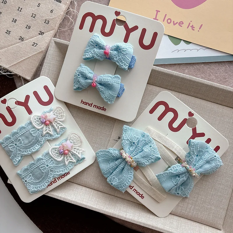 

K-Beauty Hair Clips Sapphire Blue Lace Bow Side Clips Beaded Detail Non-Slip for Girls Seoul Style Spring Hair Accessories