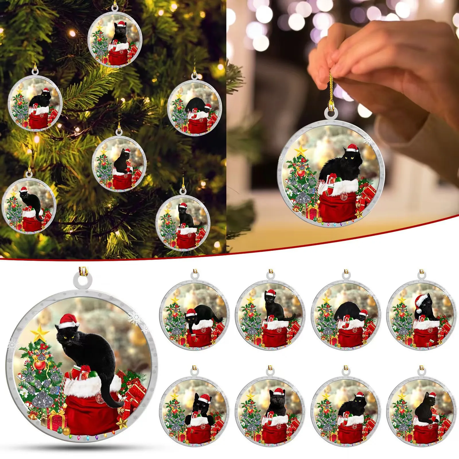 

9pcs/Set Christmas Pendant Colorful Christmas Ornaments Vibrant Black Cat Christmas Ornaments Festive Decorations Gifts 8x8cm