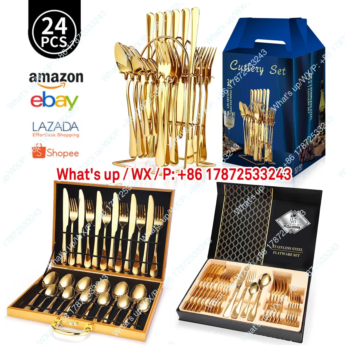 24 piece stainless steel cutlery set, knife, fork, spoon, household storage rack, gold gift box