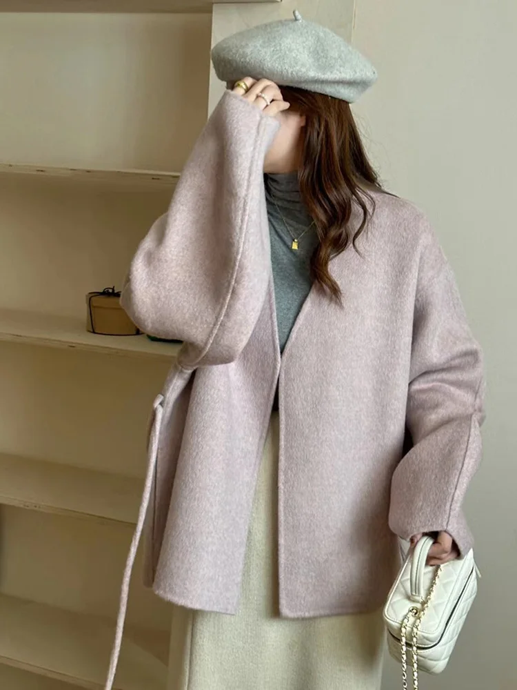 High-end Double-sided Woolen Coat Female Short New Autumn Winter V-neck Puff Sleeve Wool Silk Coat Loose Lace-up Women Outerwear