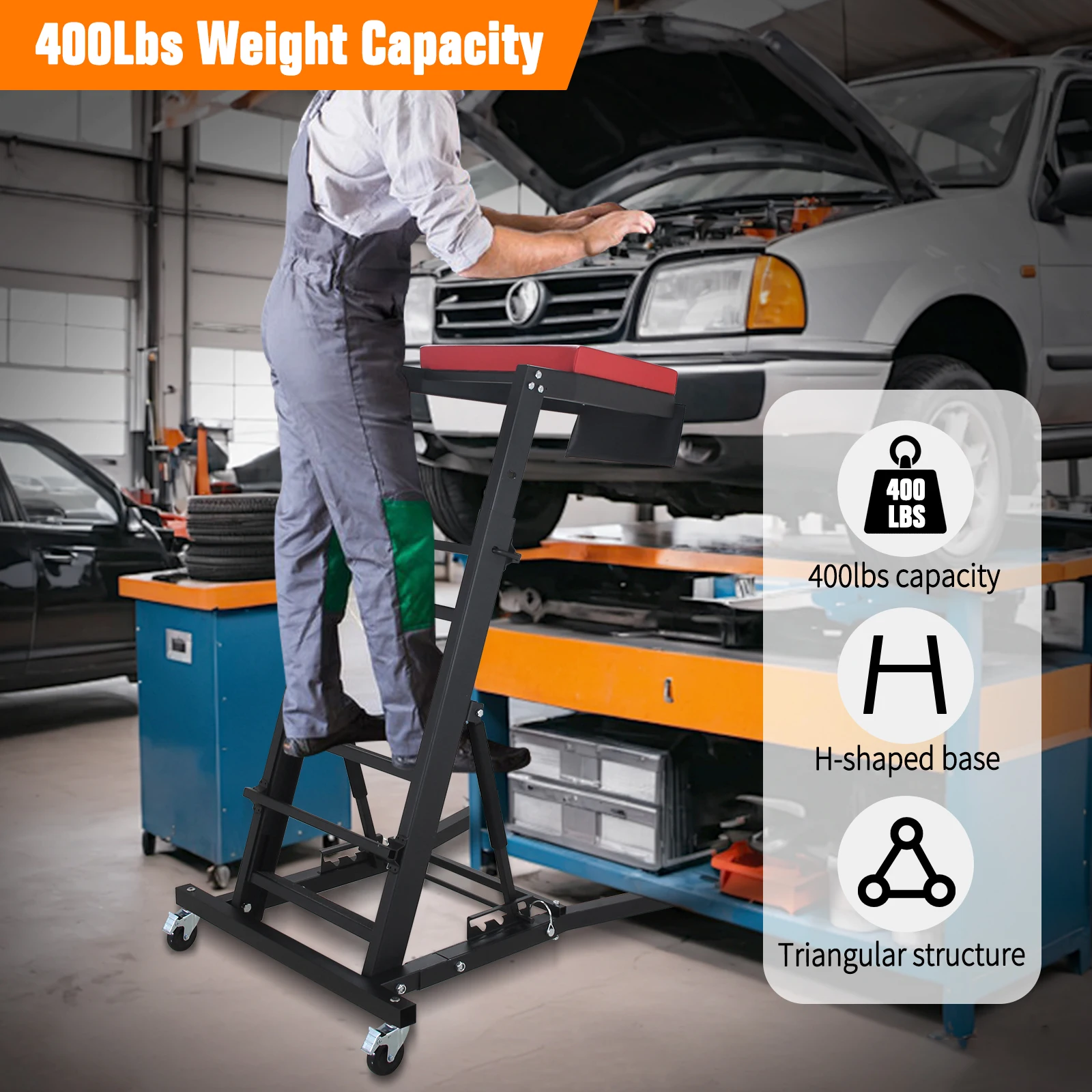 Adjustable Height Mechanic Creeper 400LBS Max Capacity, 43.7