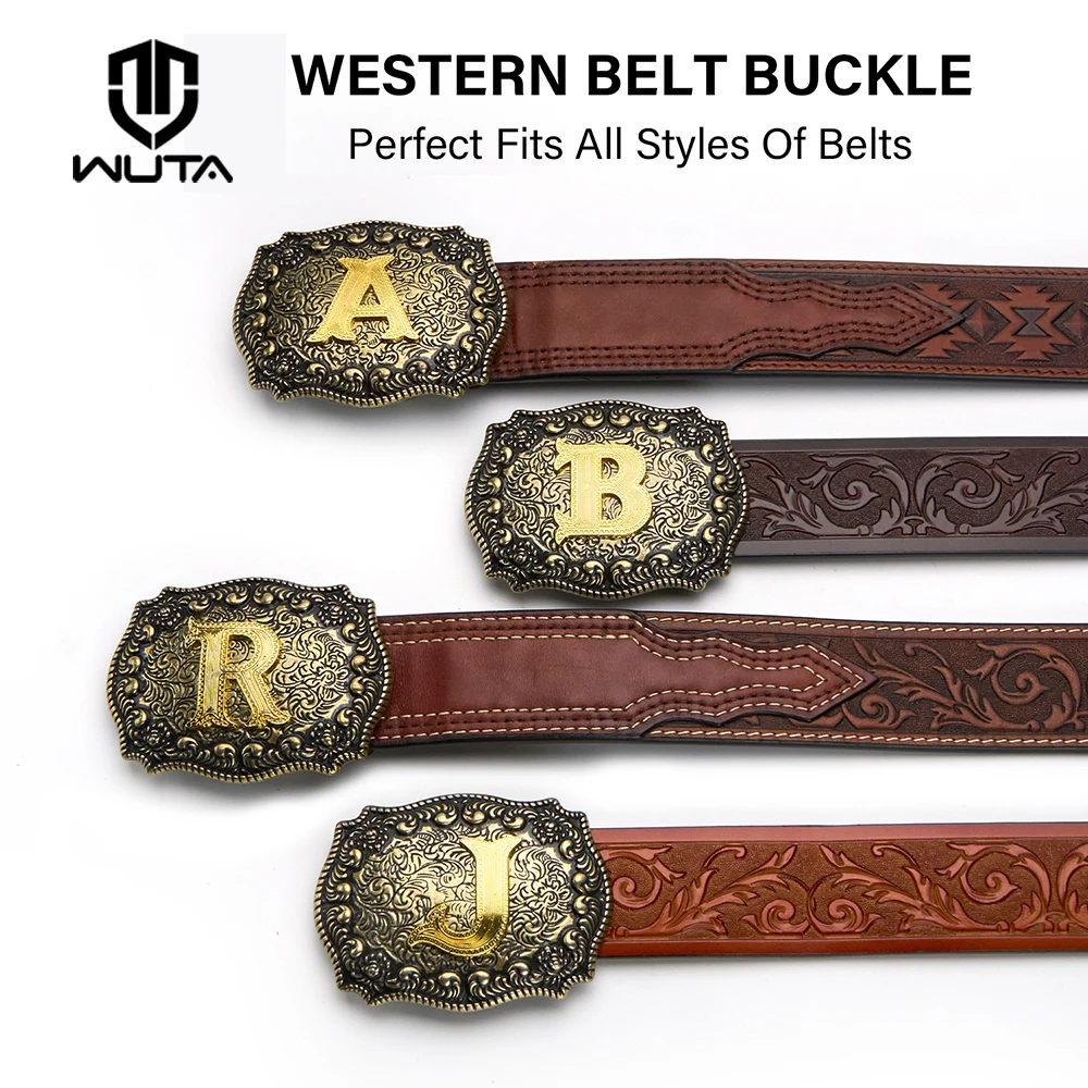 WUTA Vintage Western Belt Buckle Initial Letter A to Z,Cowboy Rodeo Gold Unique Stylish Strap Waist Accessory for Men Women Gift