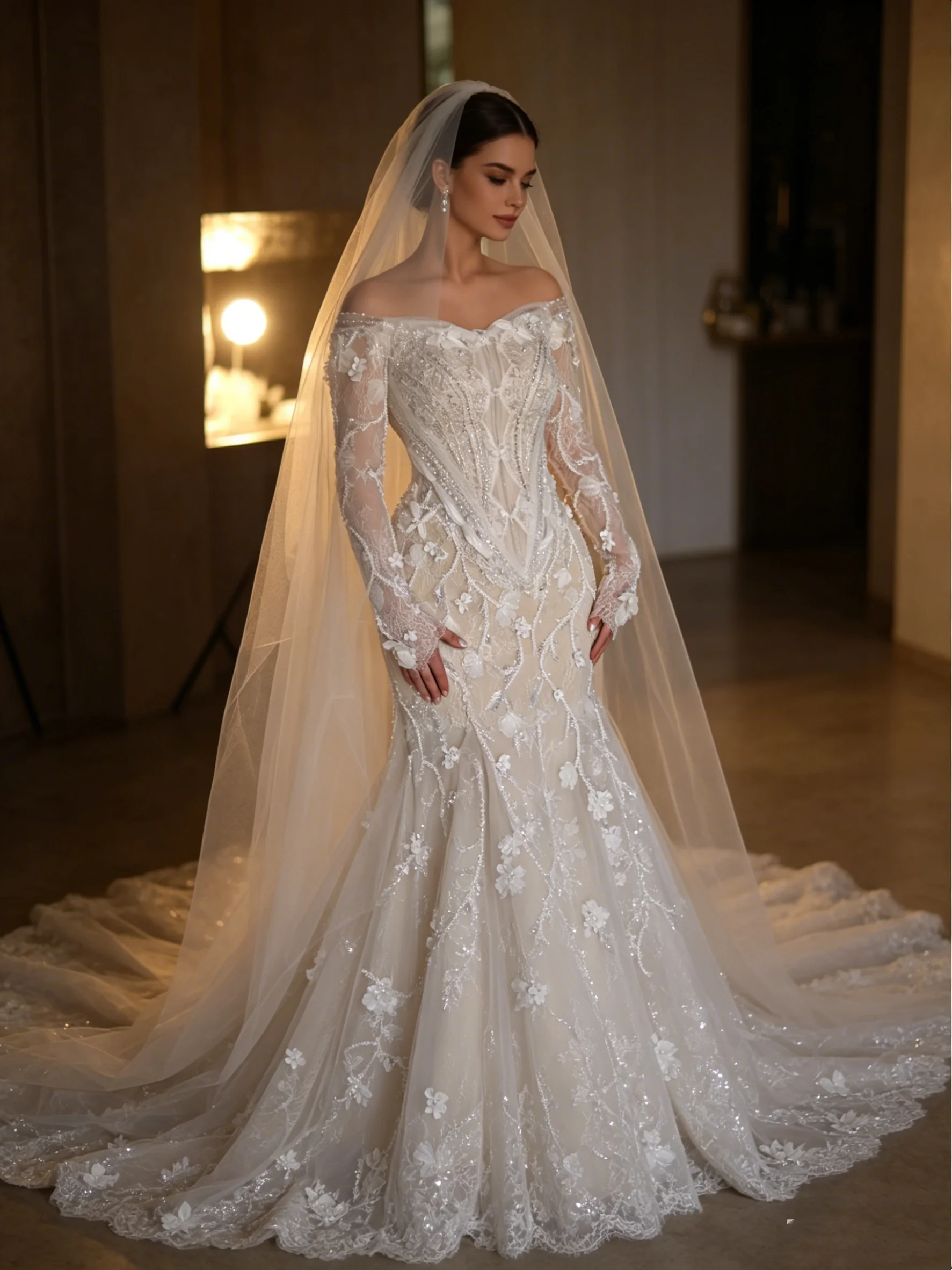 Vestido de Noiva Luxuoso Sereia Curvilíneo com Renda, Ombro a Ombro e Manga Longa, Corpete - Vestido de Noiva