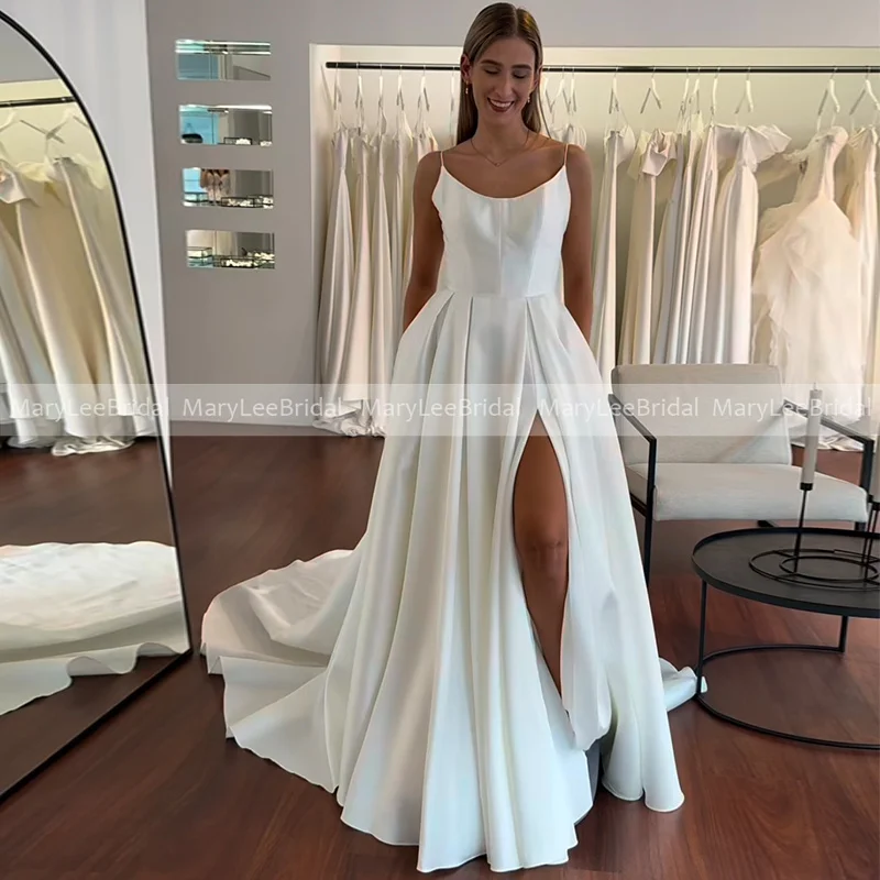 Simple A-line Cowl Neck Wedding Dress Women Spaghetti Straps High Slit Ivory Bridal Gowns Customized vestido de novia boda civil