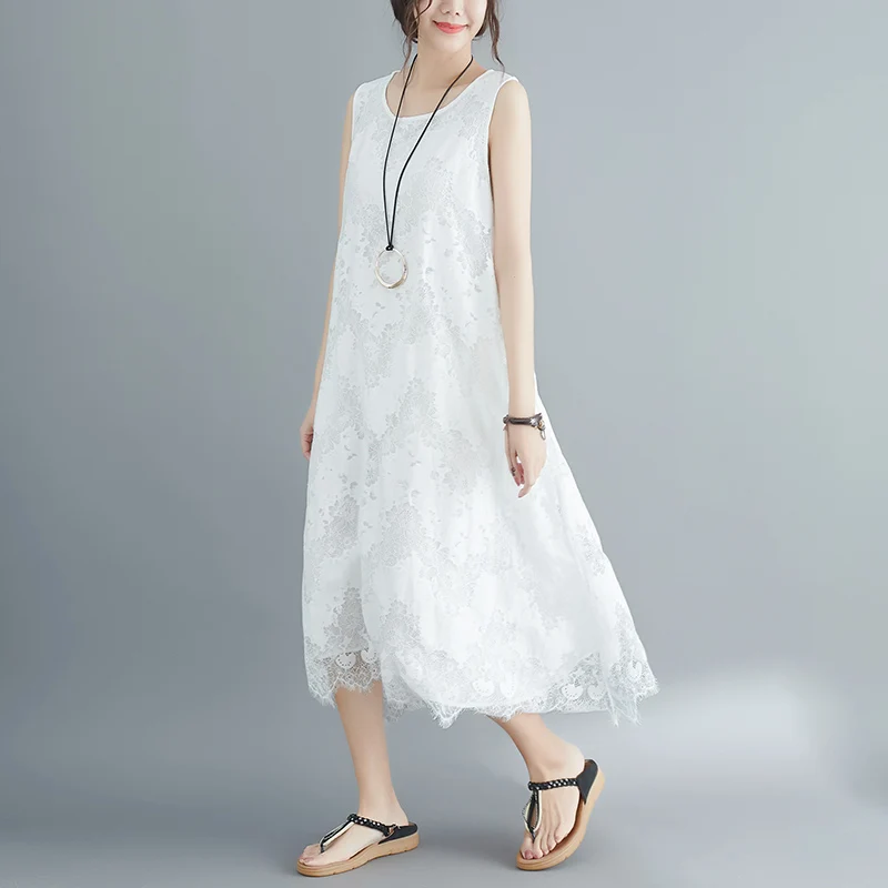 Summer New plus Size Lace Artistic Slimming Women's Sleeveless Dress Versatile Large Size Dress for Ladies Outdoor Wear