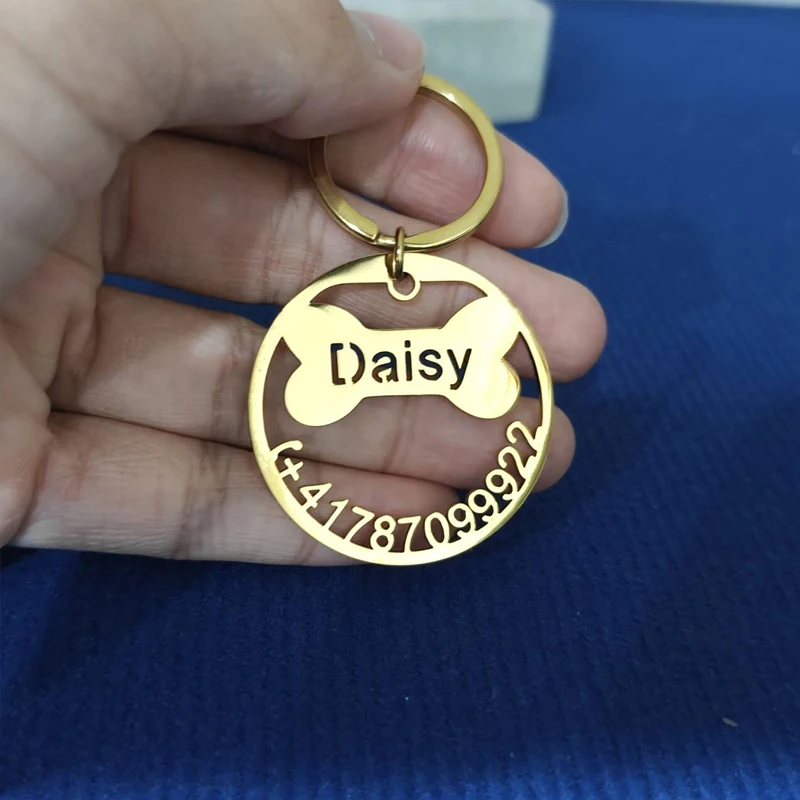 Custom Stainless Steel Pet Name And Phone Number Keychains Personlized Anti Lost Keyrings Name Keychains Pet Collar Keyholder