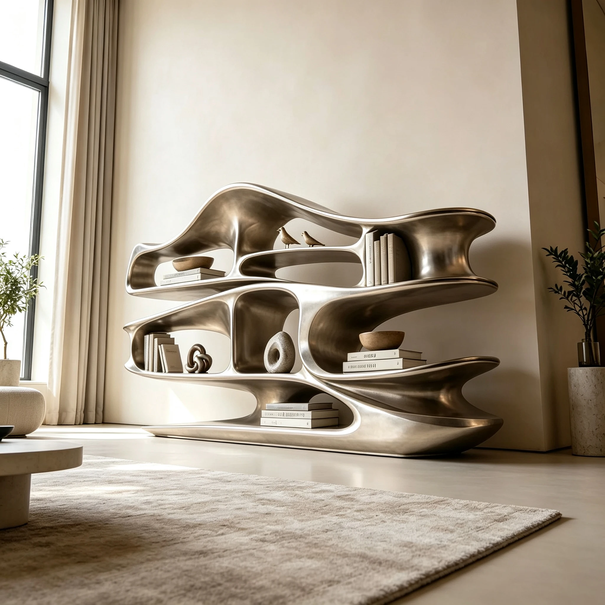 c*-Matte Silver Integrated Fiberglass Frame Fluid Curved Display Bookshelf for Residential Living