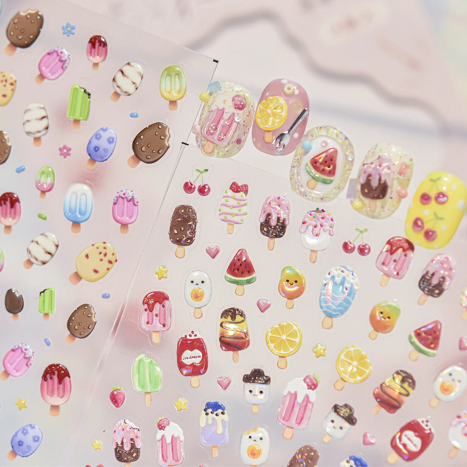 Cute Summer Ice Cream Fruit Nail Stickers 5D Self-Adhesive Nail Sticker Watermelon Cherry Lemon Pattern Manicure Decorations DIY
