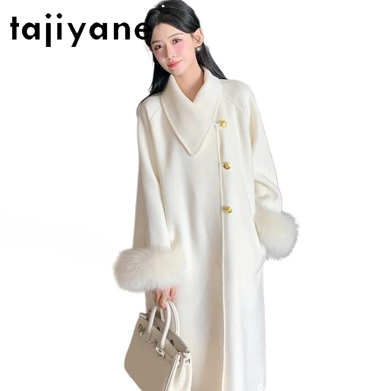 

TAJIYANE длинное пальто из 100% шерсти с рукавами из лисьего меха, элегантный дизайн, женская одежда премиум-класса, верхняя одежда, зима 2025 года, пальто женское