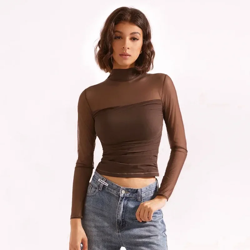 Autumn Winter Turtleneck T-Shirts for Women Elegant Long Sleeve Slim Crop Tops Sexy Mesh Patchwork Sheer Tees 2024 Brown