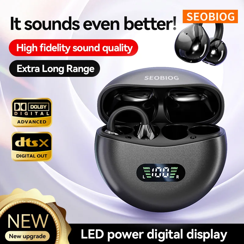 SEOBIOG Wireless Bluetooth Earbuds Bluetooth 5.4 Intelligent Noise Reduction Digital Power Display OWS Ear Clip Headphones