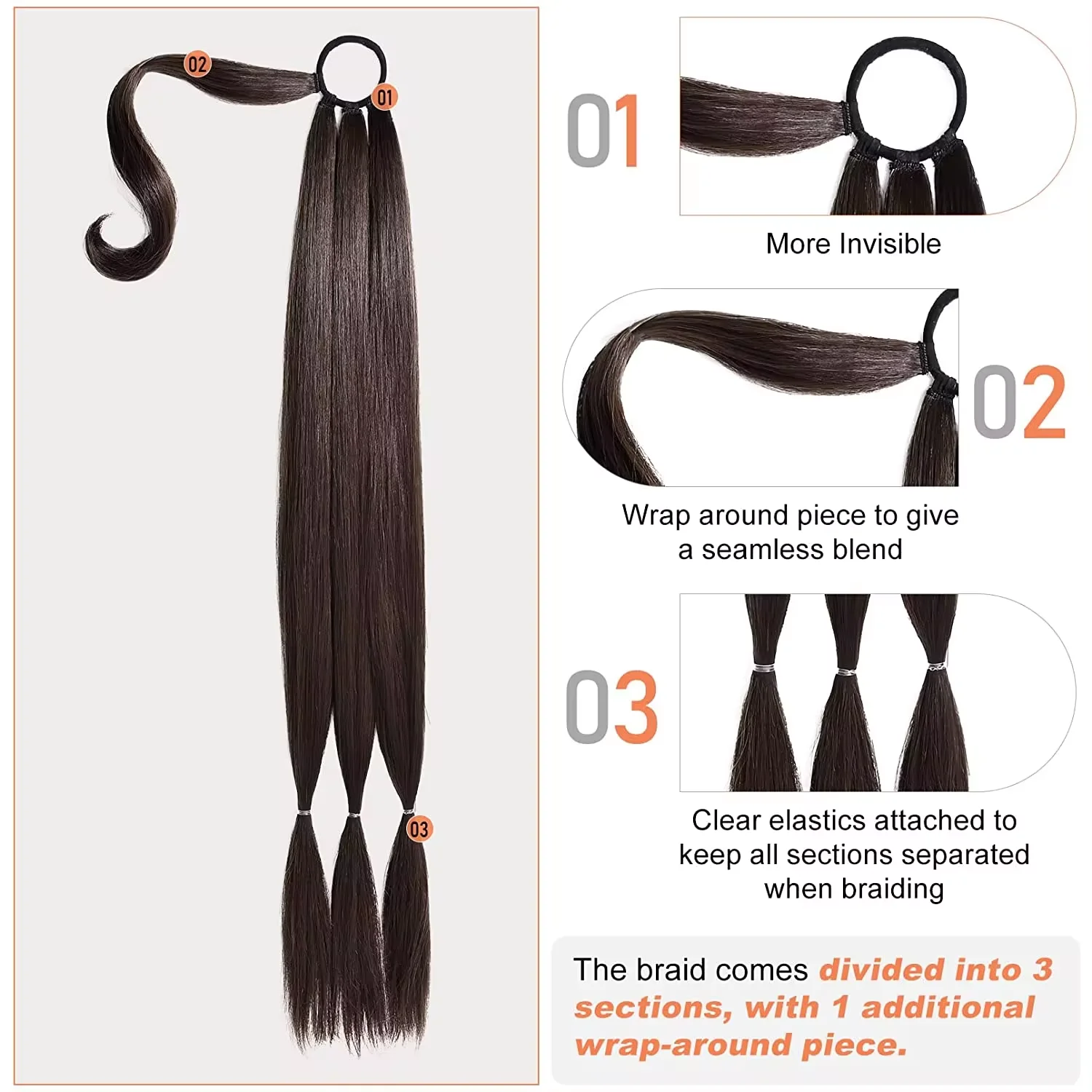 Longo rabo de cavalo trançado caixa para mulheres, extensões de cabelo sintético, fibra de alta temperatura preta e marrom, cauda de pônei