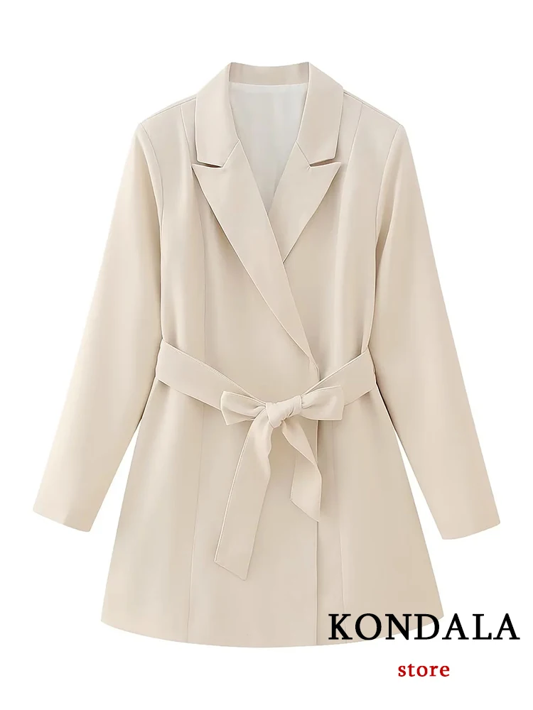 

KONDALA Chic Solid Beige Belt Blazer Dress Women V Neck Long Sleeve Jacket Fashion 2023 Autumn Office Lady Oversized Long Coat